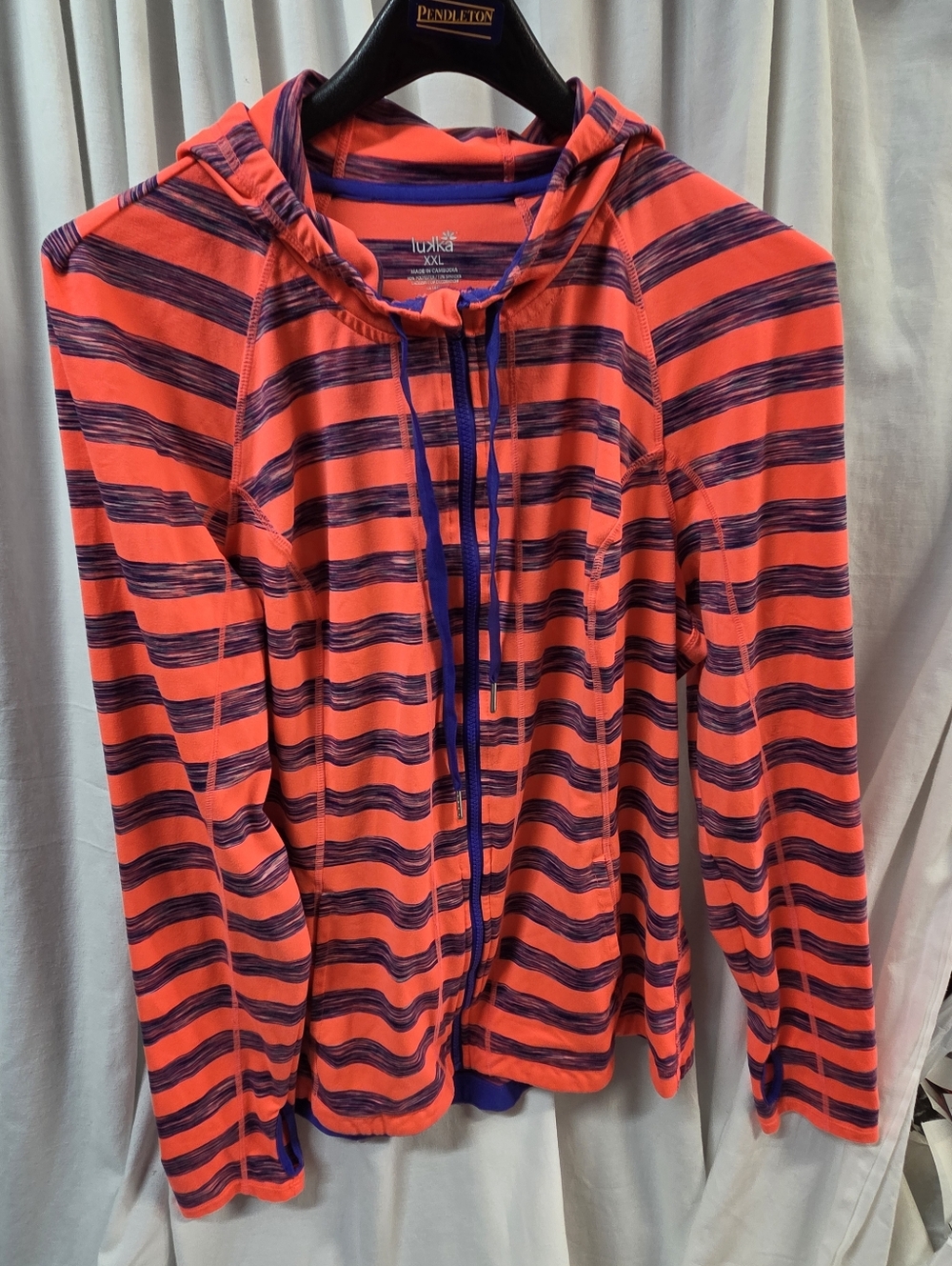 Hooded Zip-Up in Bright Coral and Deep Purple